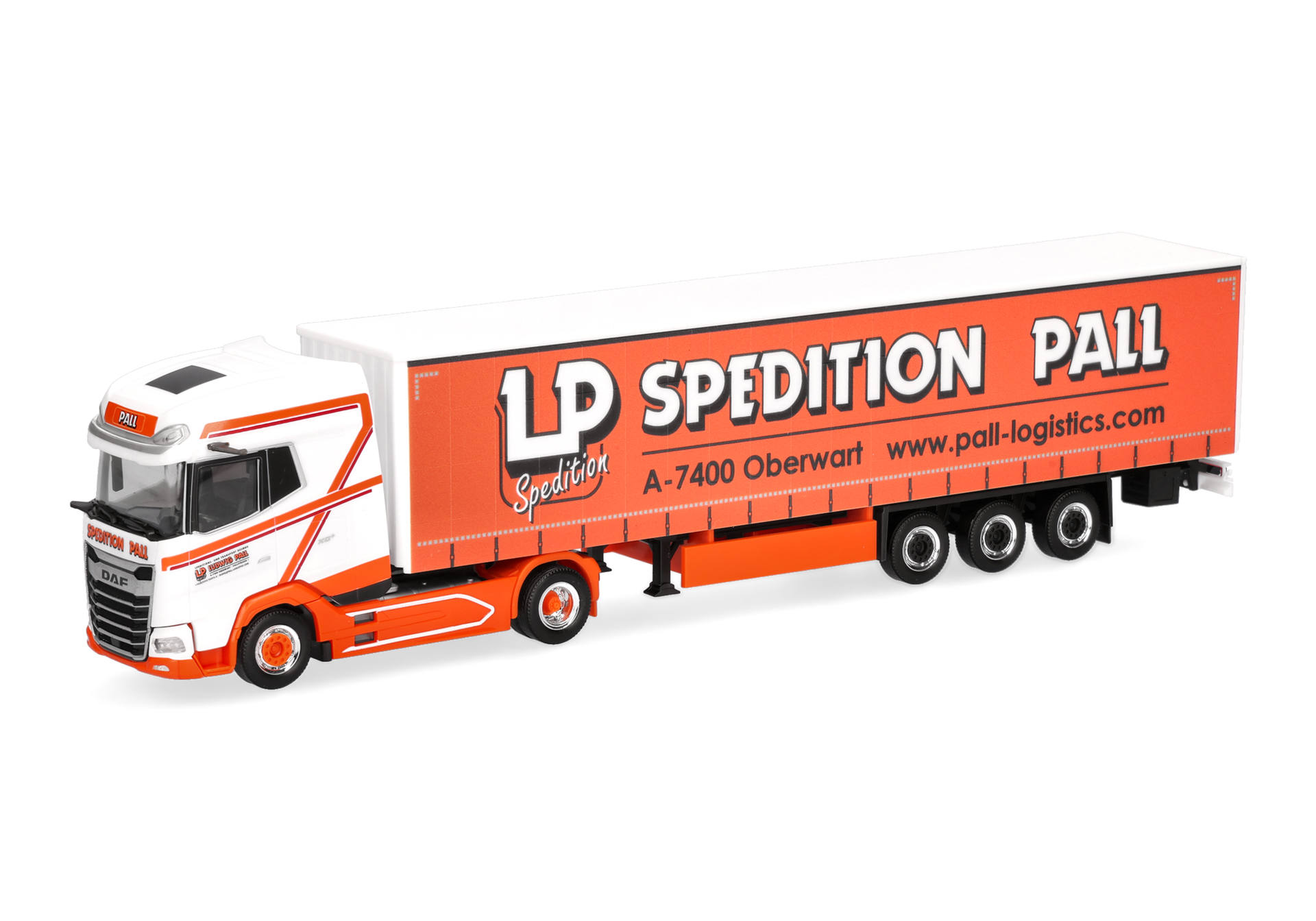 truck, semi-trailer, orange trailer, coiled truck, red white