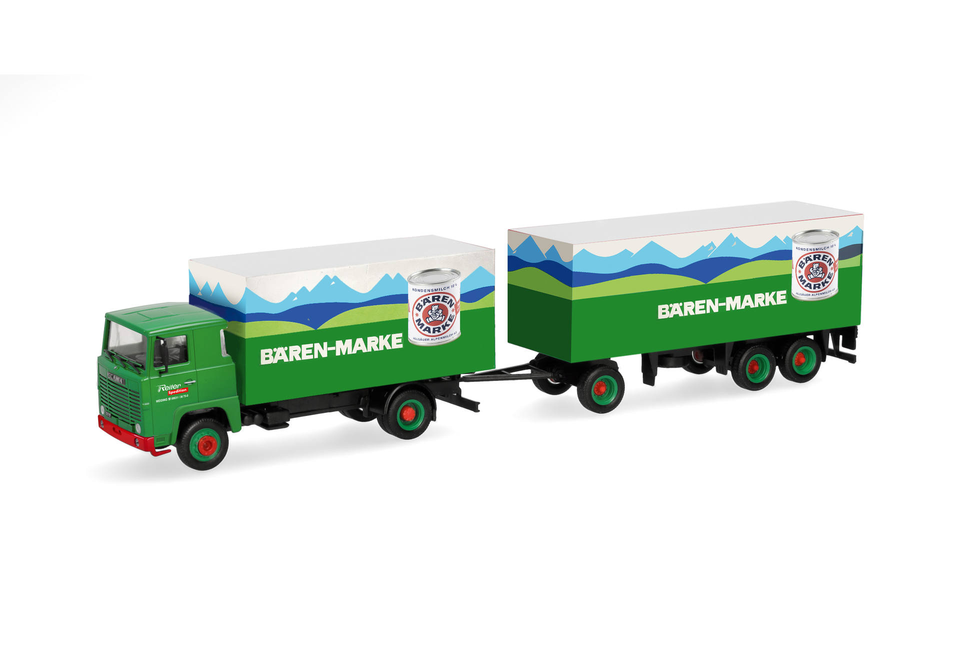 toy truck, model vehicle, green trailer, two-trailer, mountain artwork