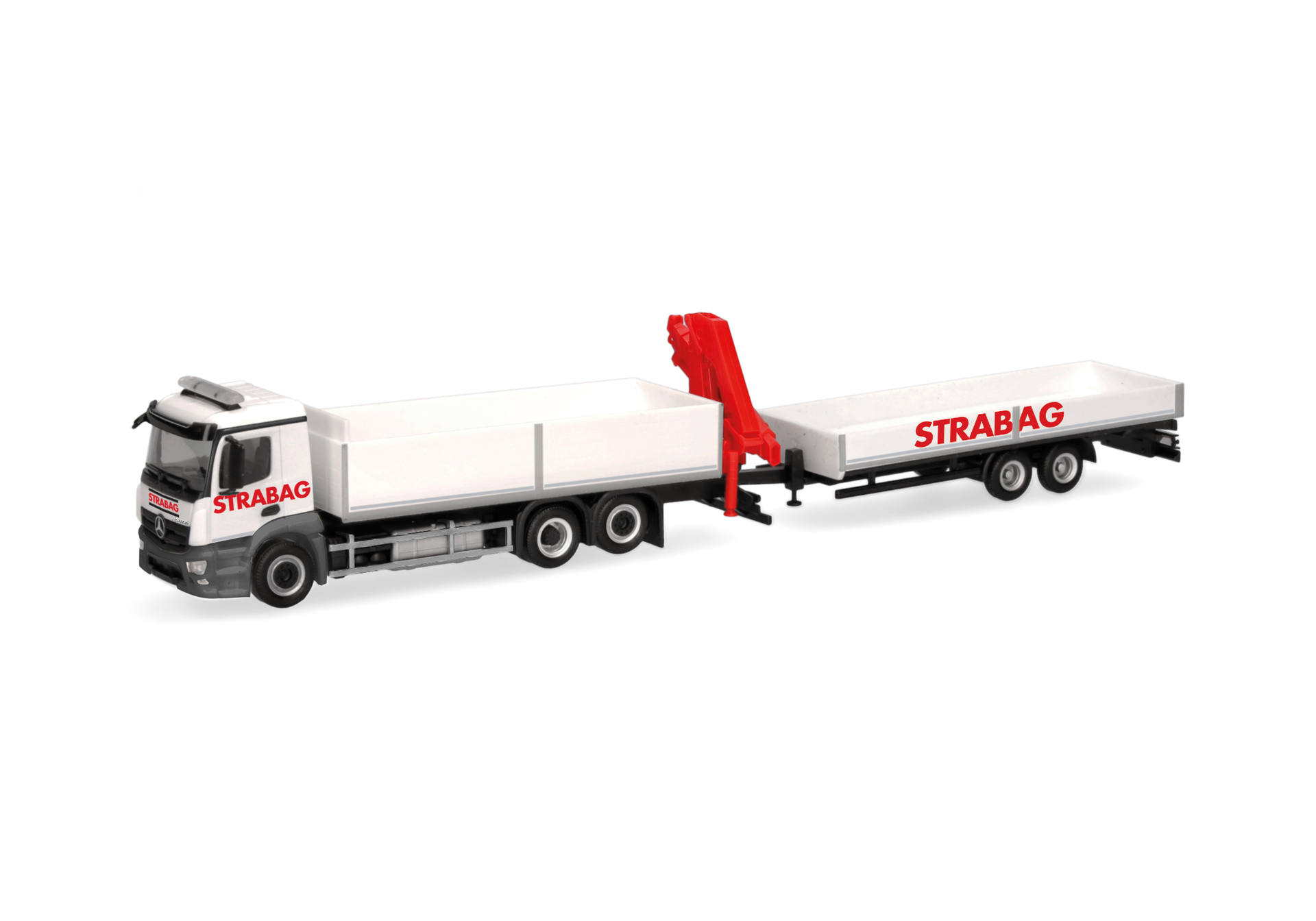 Mercedes-Benz Actros M flat bed trailer truck with loading crane "STRABAG" (Austria)