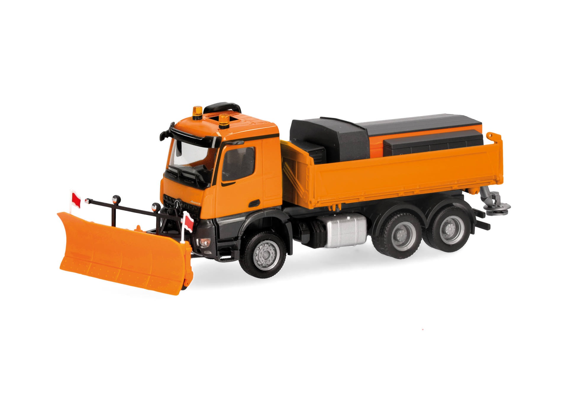 Mercedes-Benz Arocs 18 M three-way dumper truck with snow plow and grit container, municipal orange