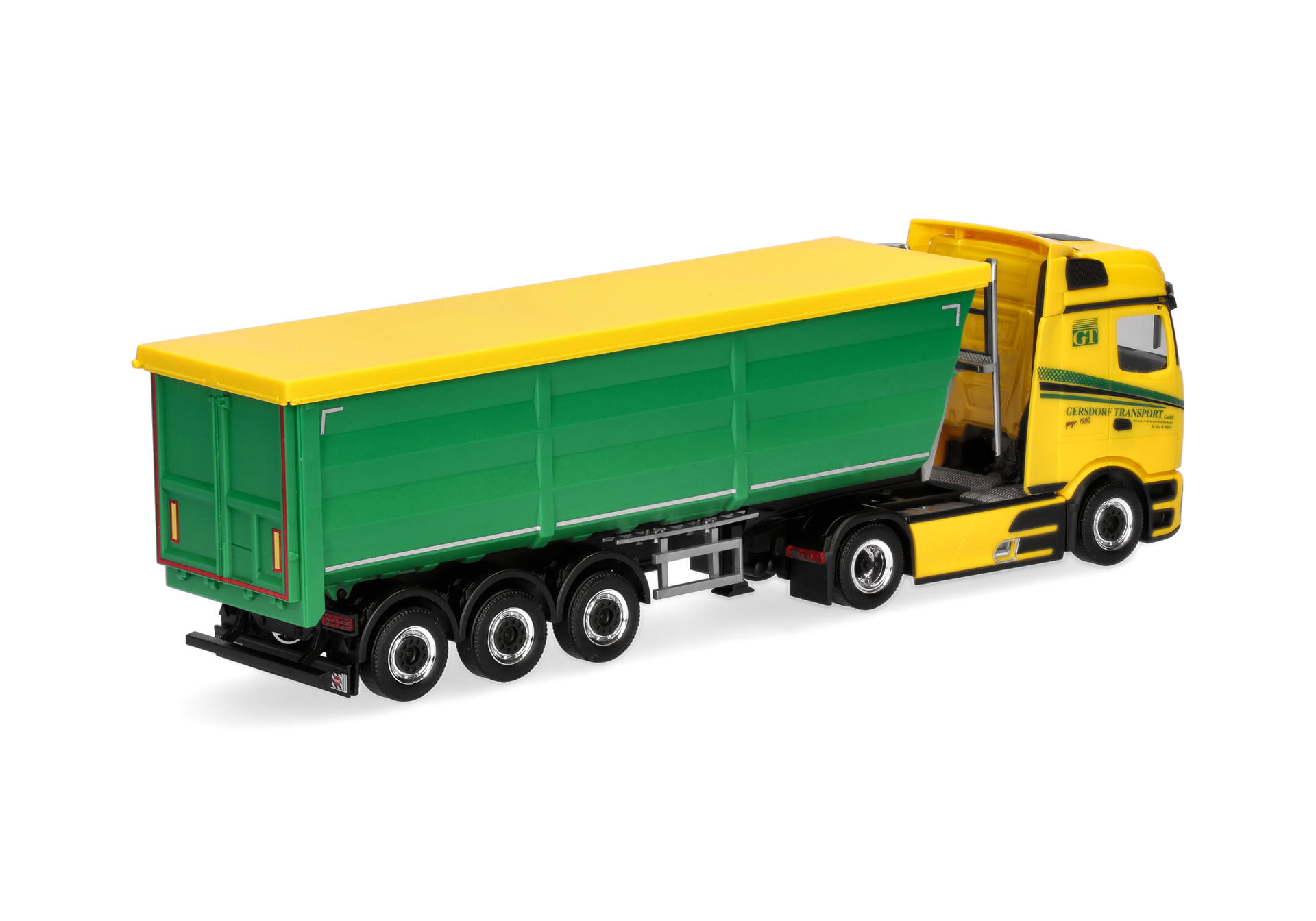 truck, dump truck, semi-truck, trailer, yellow-green