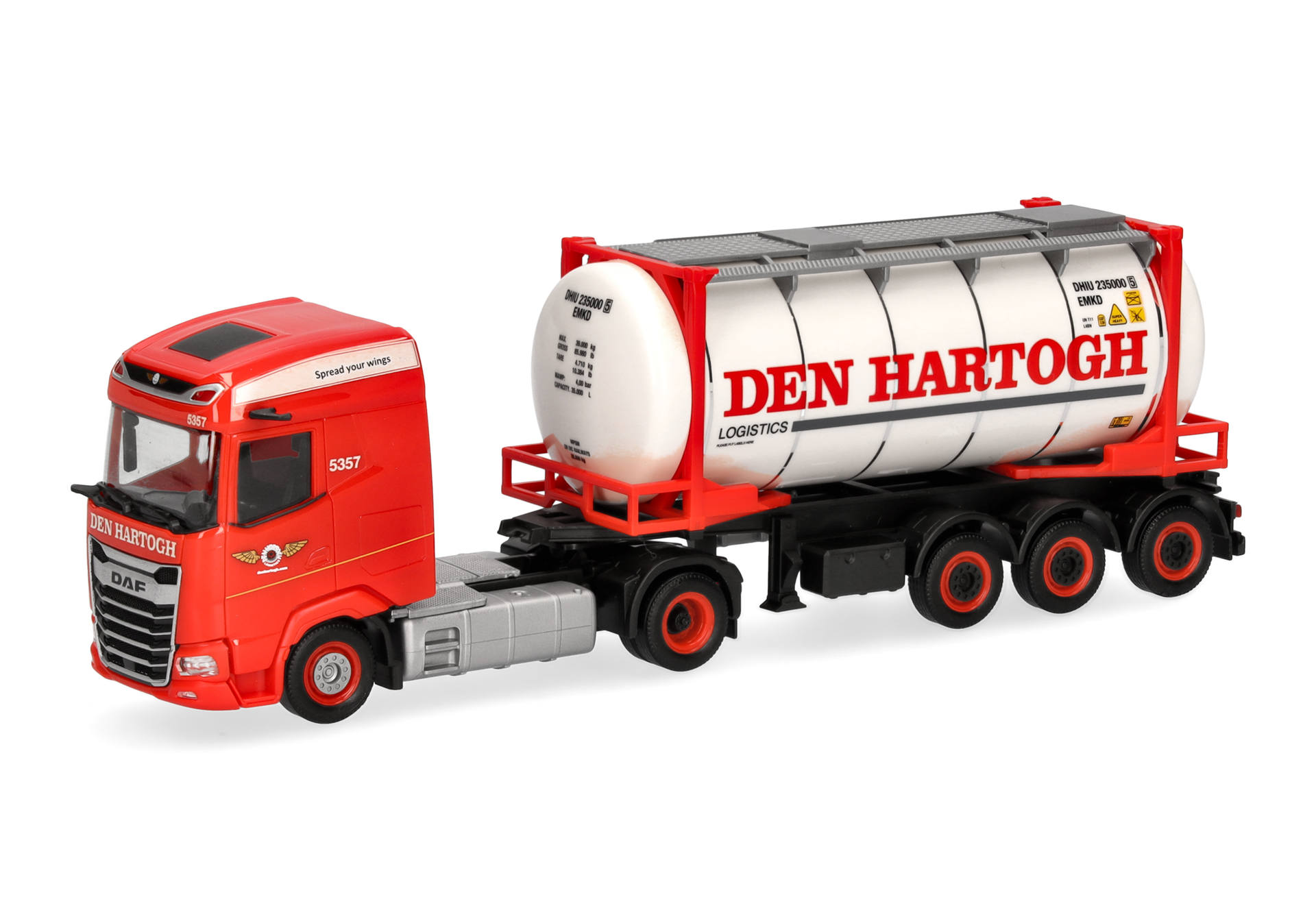 toy truck, red truck, semi truck, tank trailer, den hartogh logo