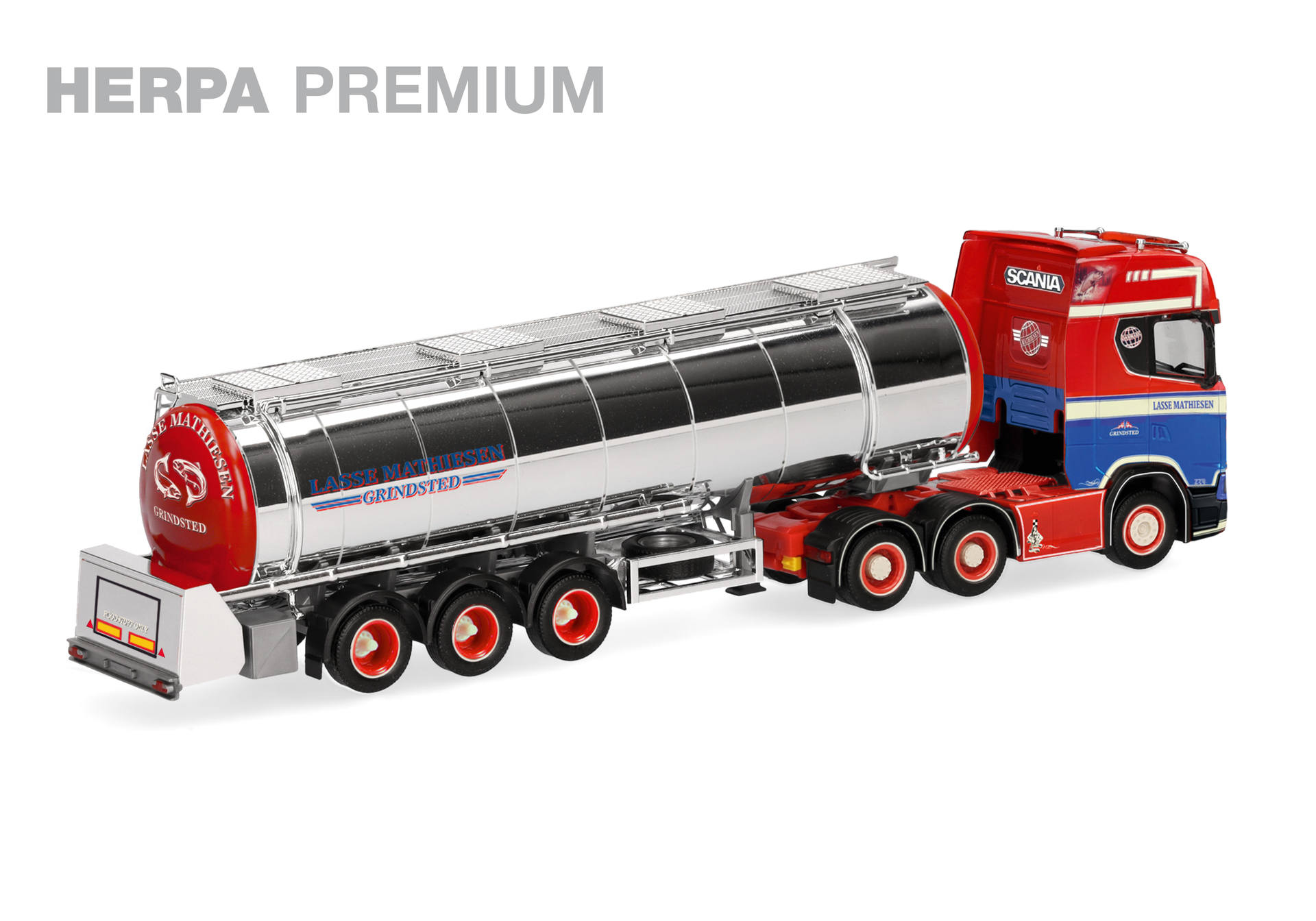toy truck, tank trailer, silver tanker, red blue truck, model vehicle