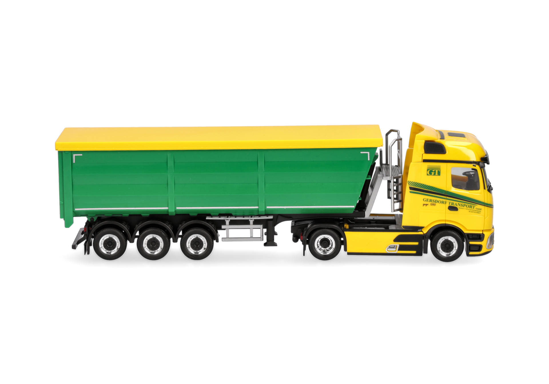 dump truck, truck trailer, yellow cab, green trailer, cargo