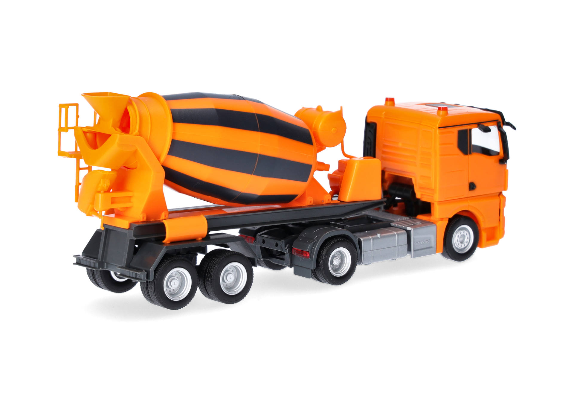 cement mixer, construction truck, orange, toy, 6-wheeled trailer