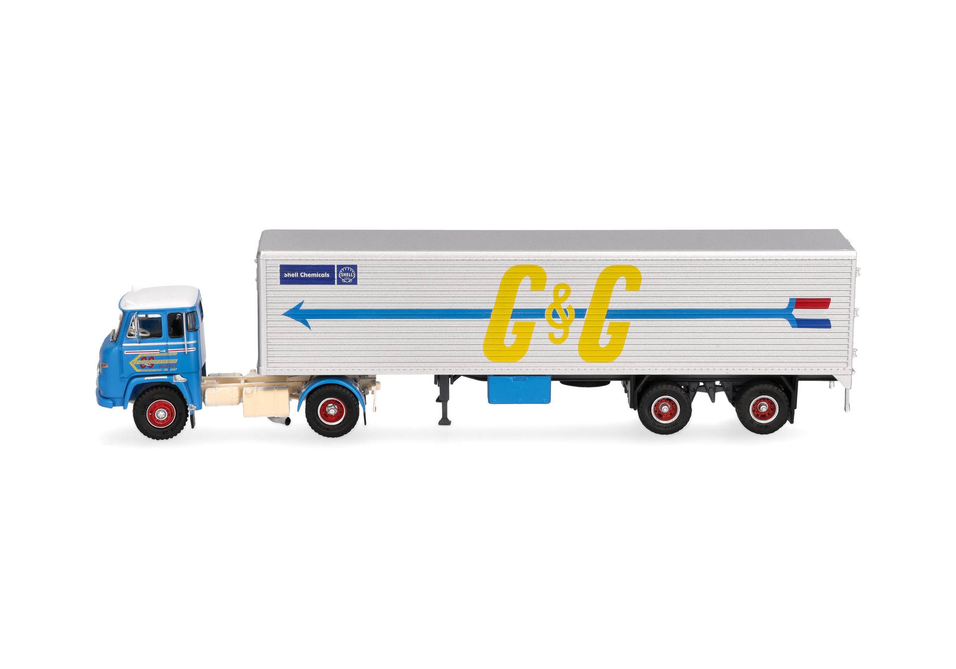Spielzeugtruck, Sattelzug, blaues Lastwagenmodell, Anhänger, Logo-Grafik