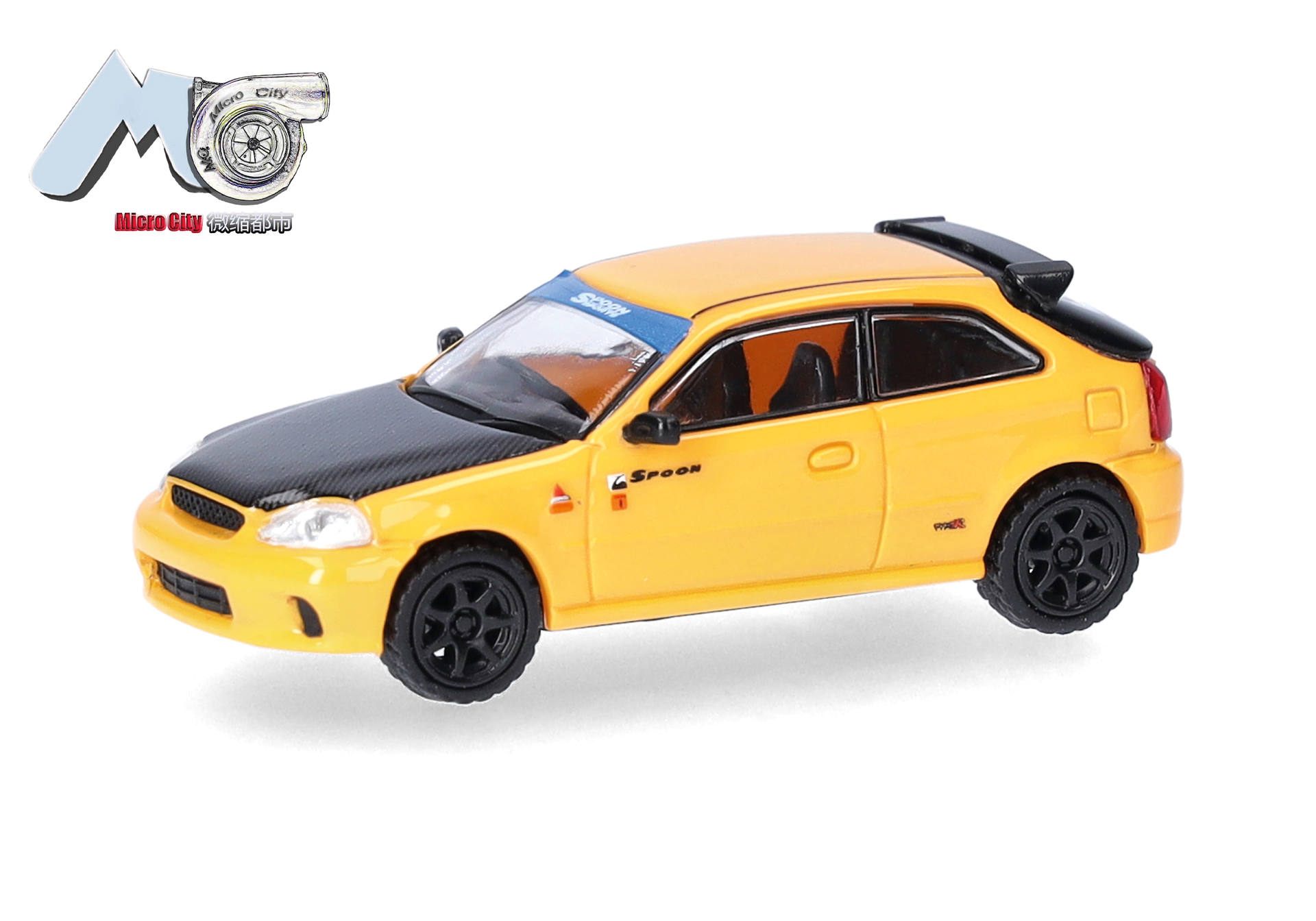 toy car, diecast, yellow, hatchback, carbon fiber hood