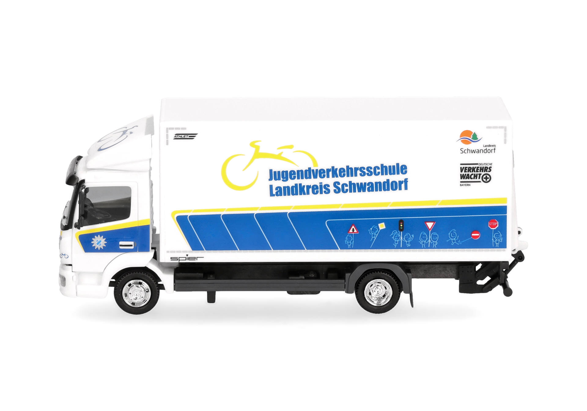 toy truck, truck trailer, graphics, blue yellow, motor vehicle
