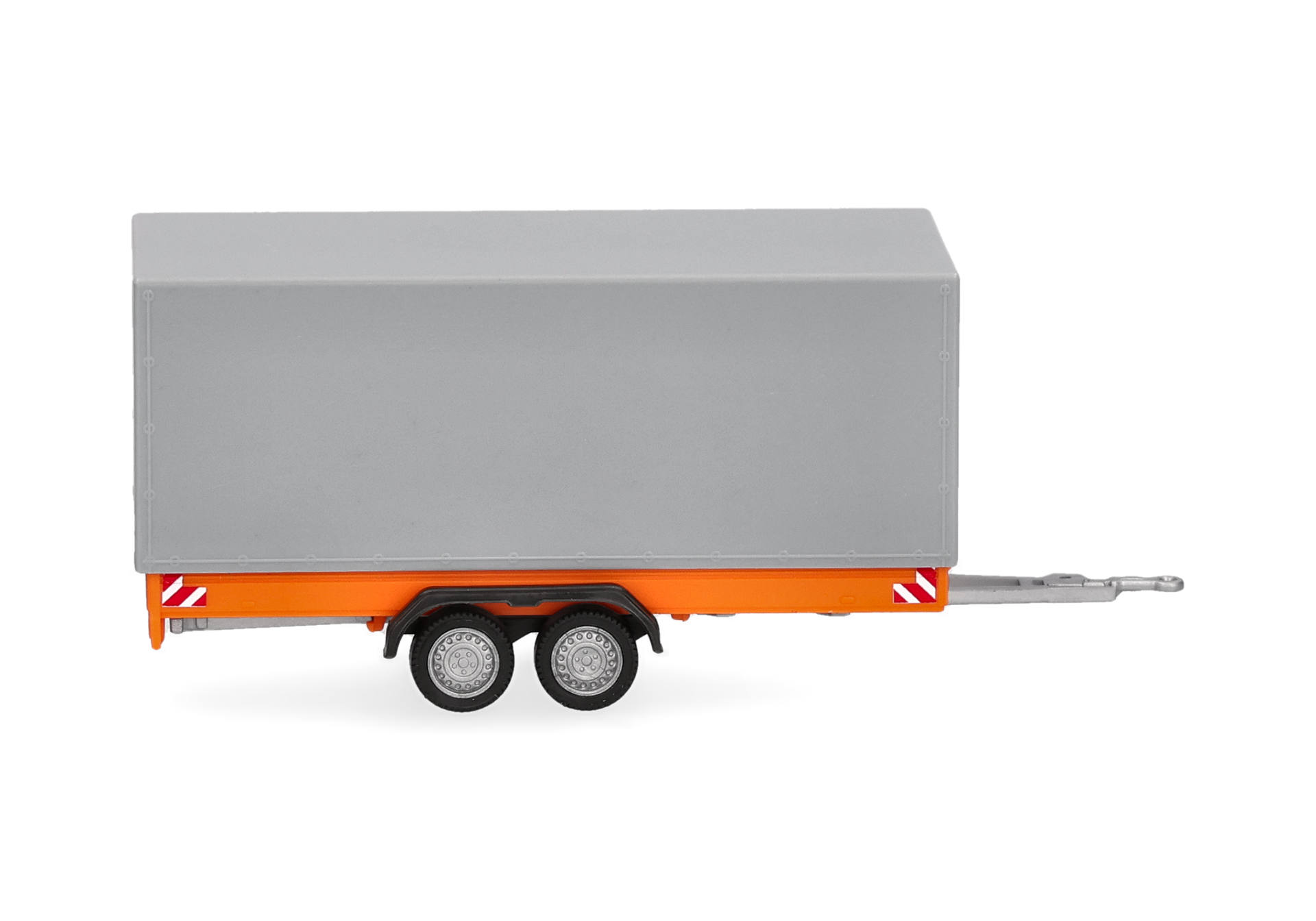 Lastwagenaufbau, orangene Fahrgestell, grauer Container, zwei Achsen, Flachbetttyp-Anhänger