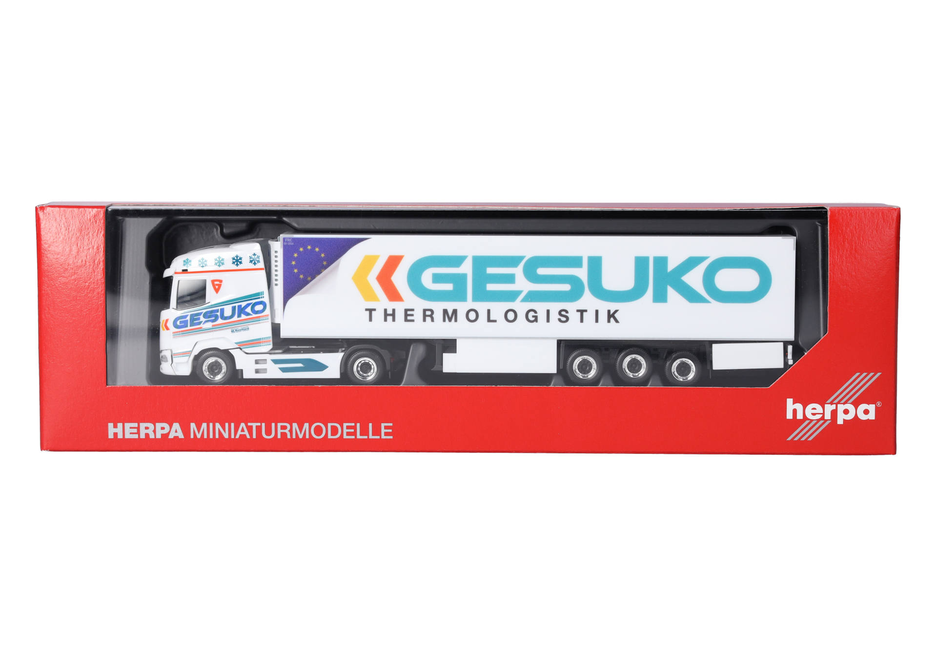 Spielzeug-Lkw, Gussmodell, Thermologistik, Sattelzug, rote Verpackung