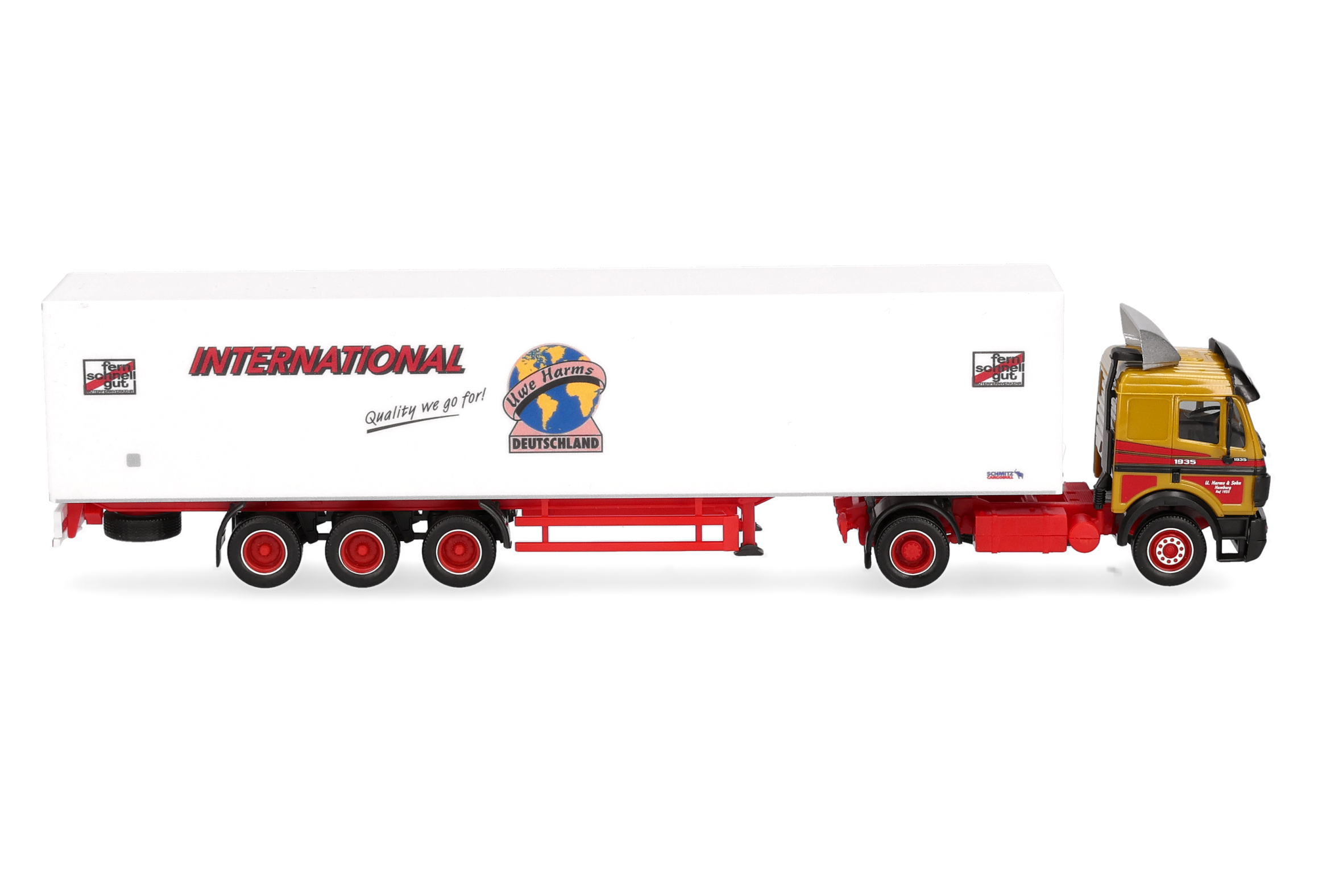 truck, semi-trailer, truck cab, box trailer, red white colors