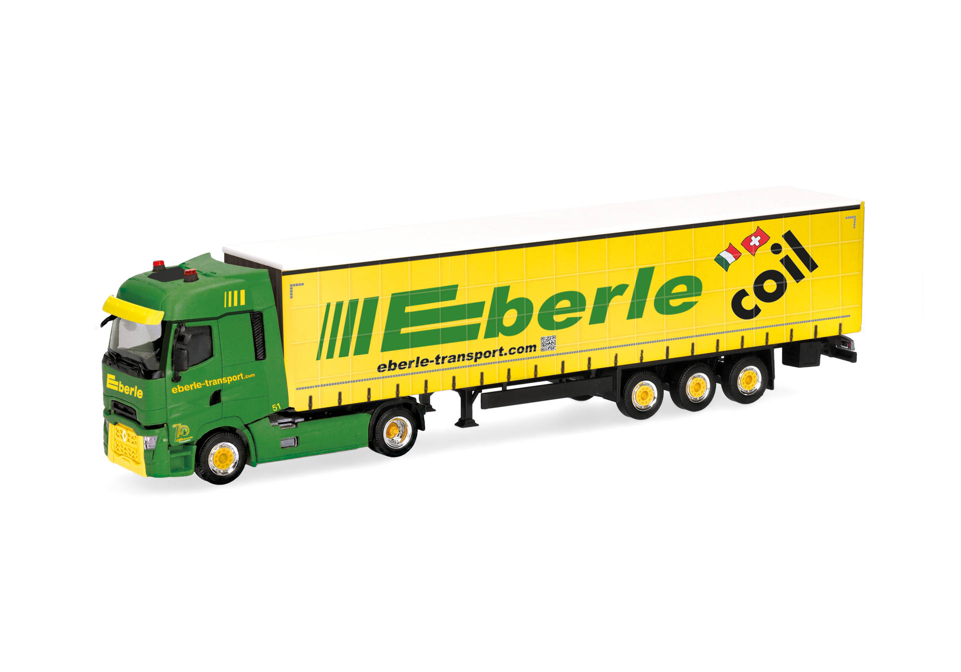 toy truck, trailer, yellow green, logo text, model vehicle