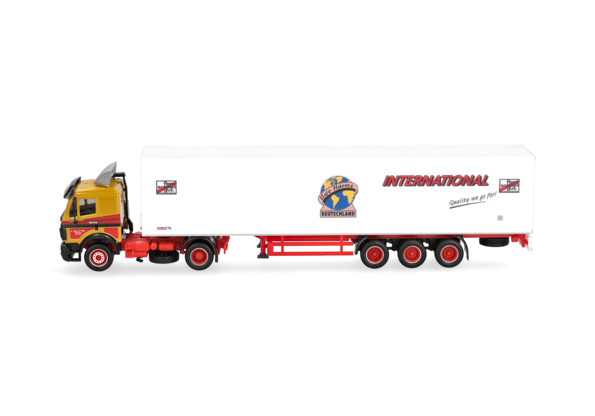 toy truck, truck trailer, yellow cab, white trailer, red chassis