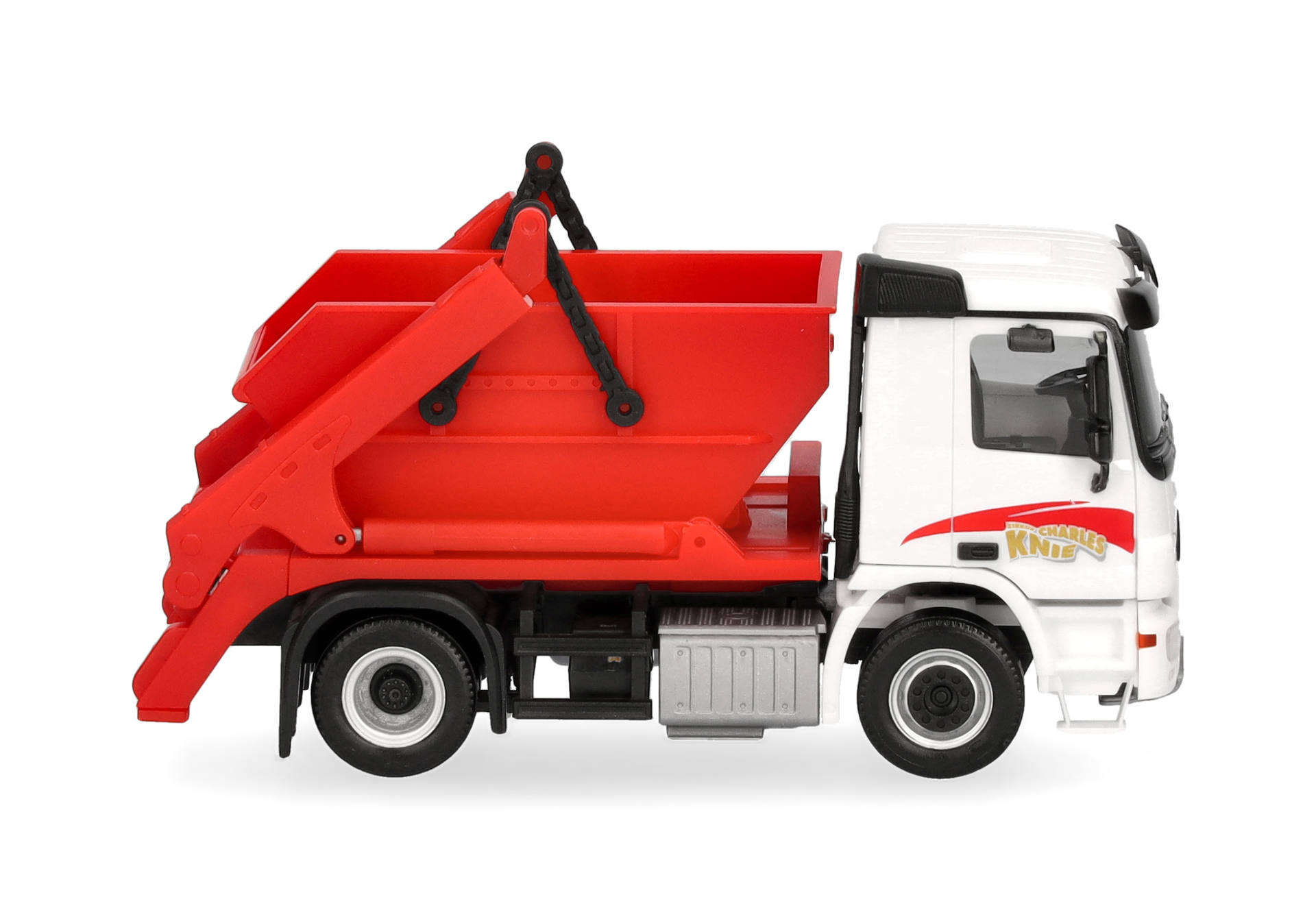 dump truck, toy, construction vehicle, red container, white cab, dump truck, tipper, toy truck, red container, construction vehicle