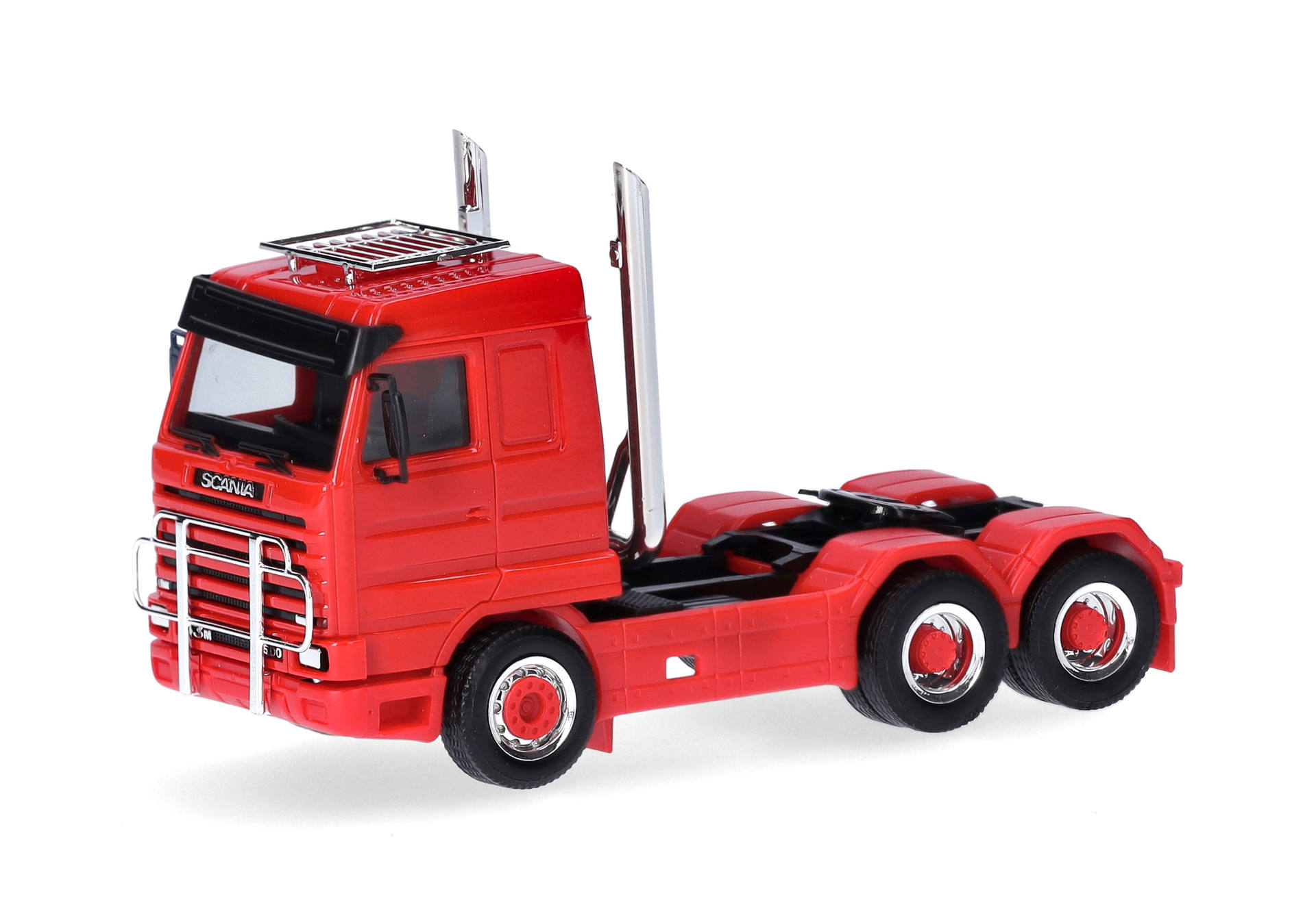 Scania 143 Streamline rigid tractor 3-axles (6x4) with roof rack, ram protection and Highpipes, red