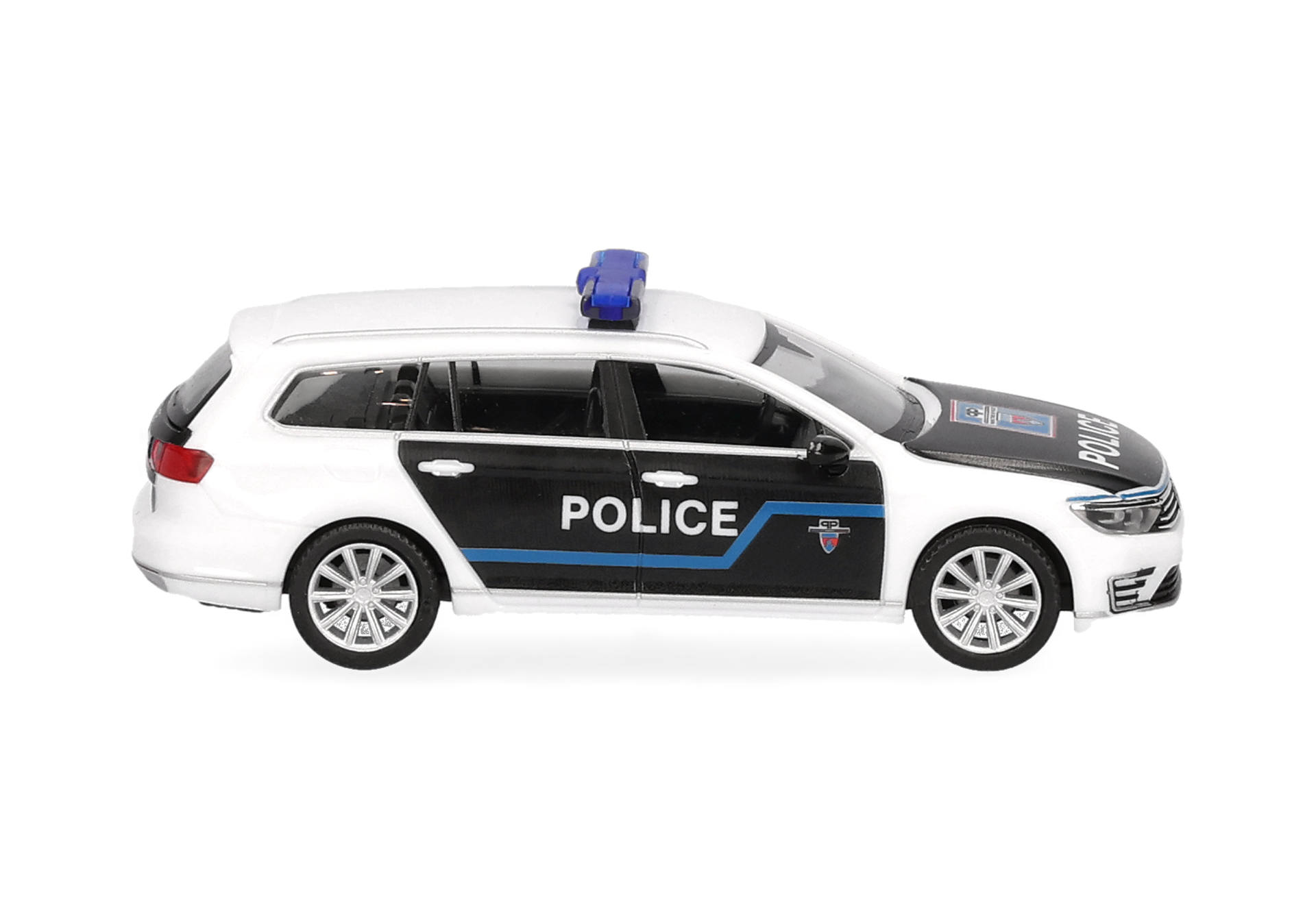 police car, toy model, white, blue siren, graphic decal