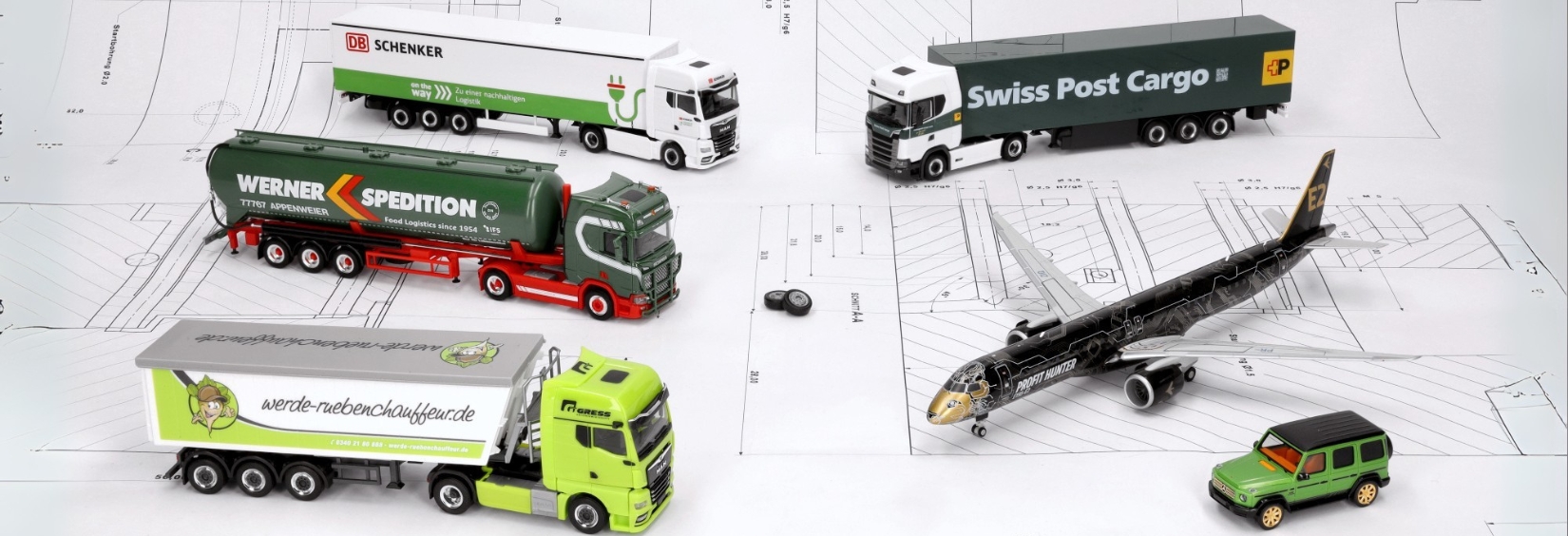 Banner Herpa Werbemodelle: Sattelzug von MAN - DB Schenker, Tankauflieger Scania Werner Spedition, Sattelzug von Swiss Post Cargo, Sattelzug MAN Gress - Ruebenchauffeur, Flugzeug Embraer - Tech Lion, Mercedes-Benz G-Klasse in Gruen mit goldenen Felgen