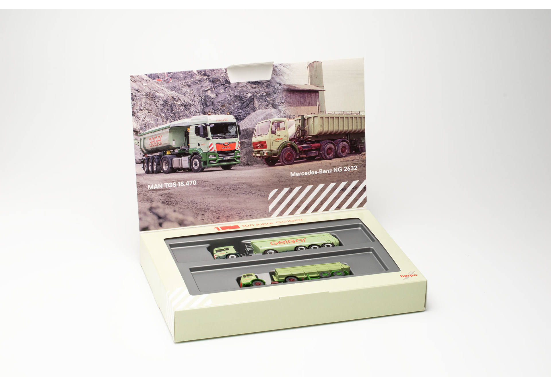 Set: MAN TGS TM and Mercedes-Benz (Wiking) dumper semitrailer truck "100 Jahre Geiger"