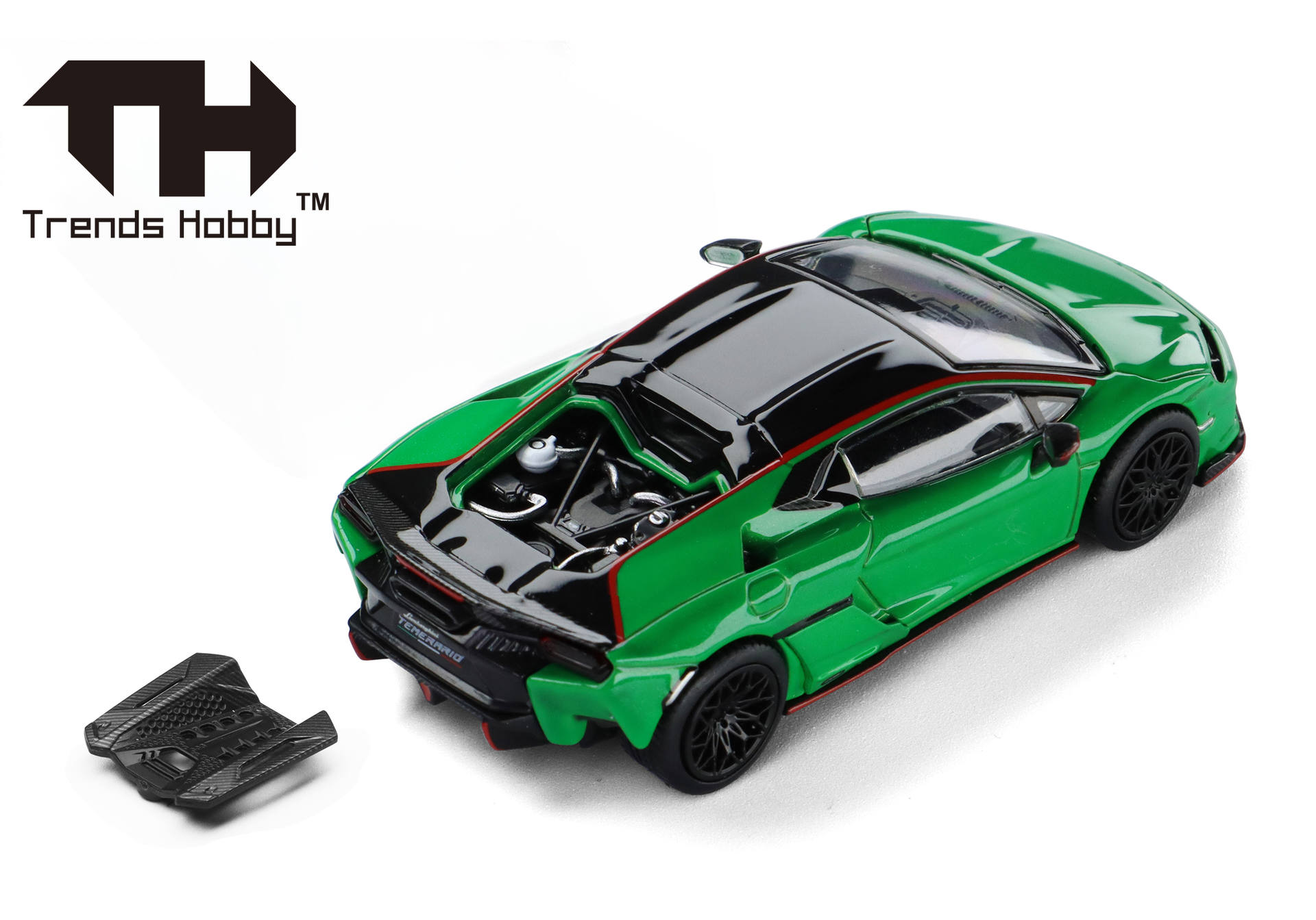 remote, toy car, green, open hood, model car