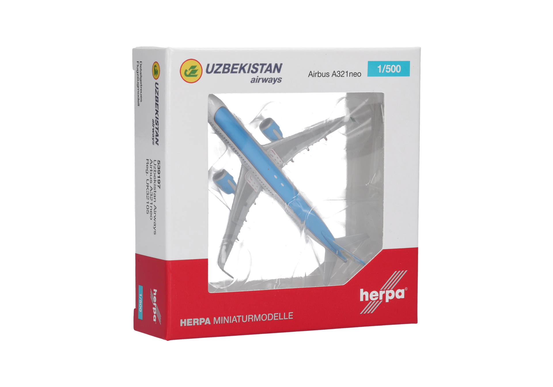 aircraft model, miniature, blue, box packaging, Herpa