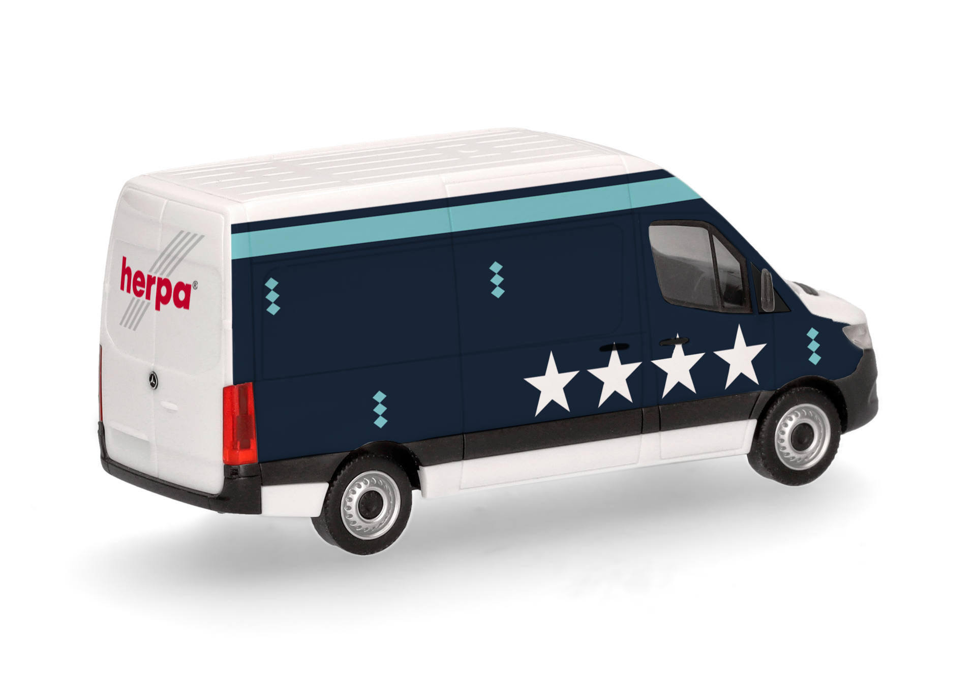 van, model van, blue van, white accents, star pattern