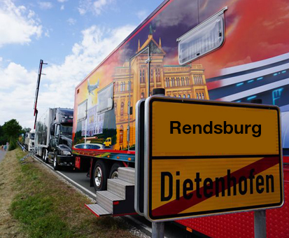 truck, trailer, city sign, Dietenhofen, Rendsburg, highway parked