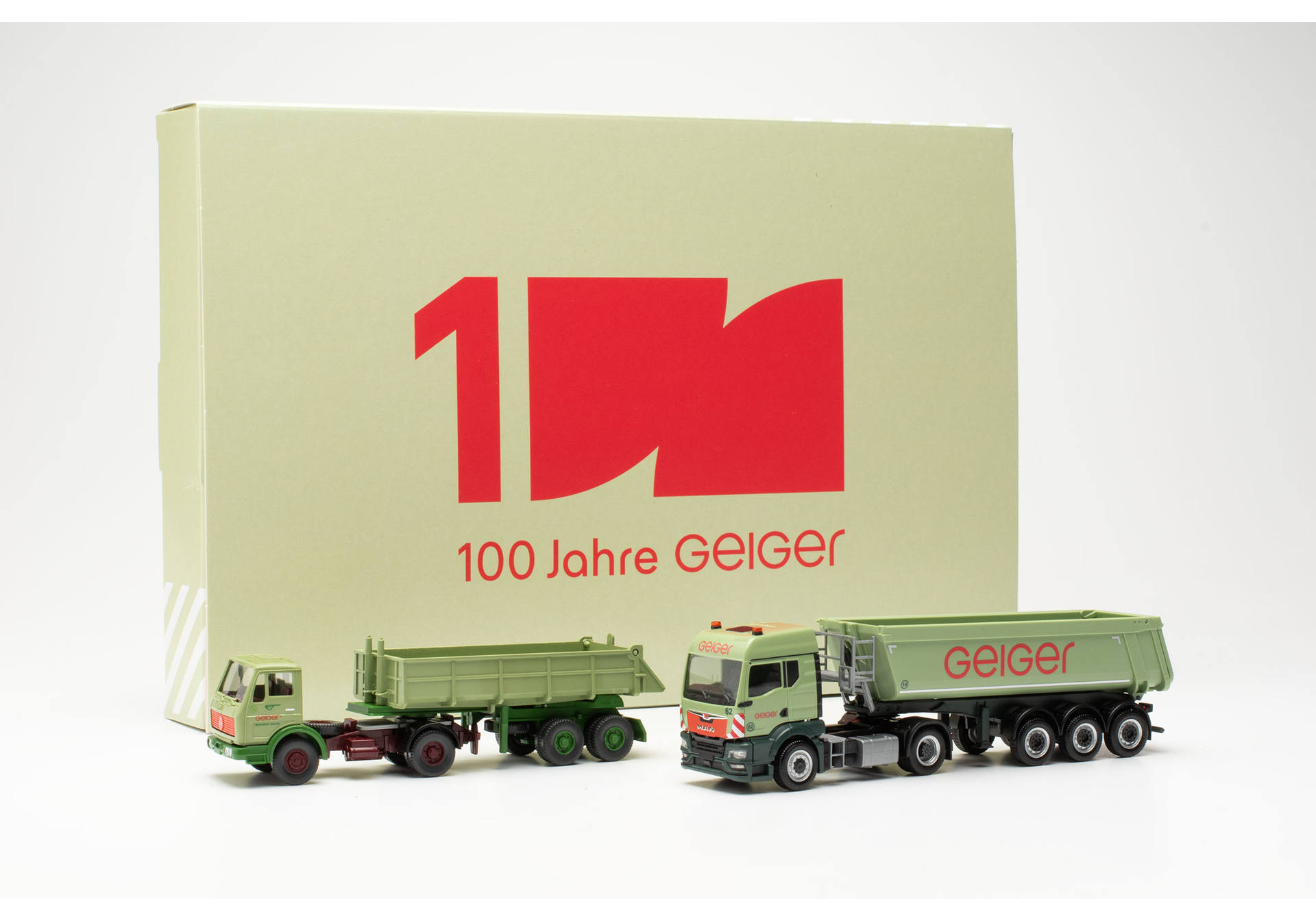 Set: MAN TGS TM and Mercedes-Benz (Wiking) dumper semitrailer truck "100 Jahre Geiger"