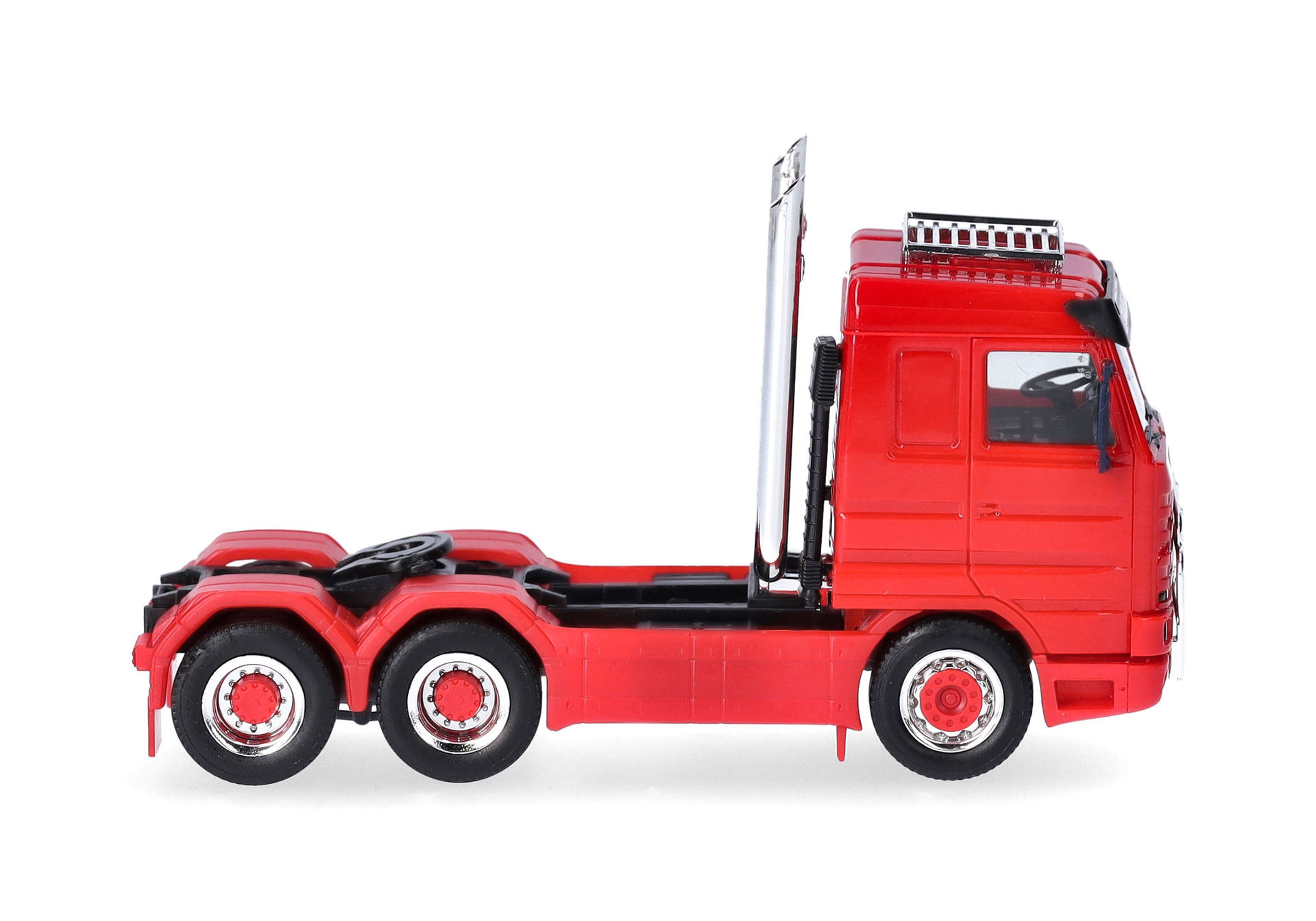 Scania 143 Streamline Solozugmaschine 3-achs (6x4) mit Dachträger, Rammschutz und Highpiges, rot