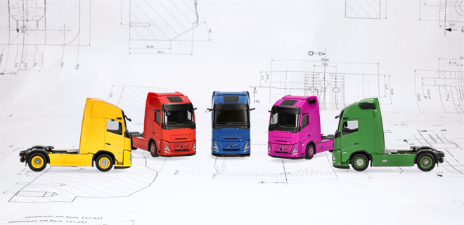 Lastwagen, Sattelzug, bunte Lastwagen, Miniatur-Lastwagen, Fuhrpark-Foto