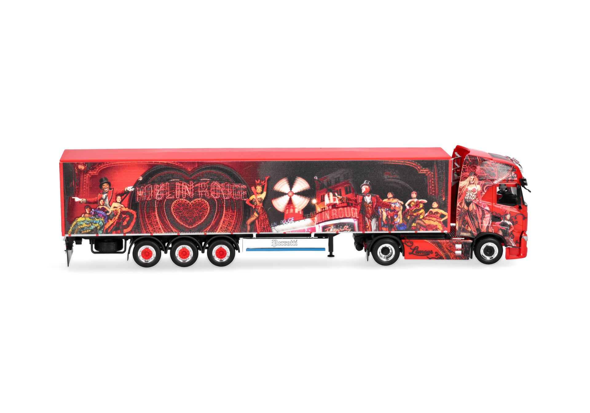 red truck, art trailer, decorative trailer, truck graphic, long haul