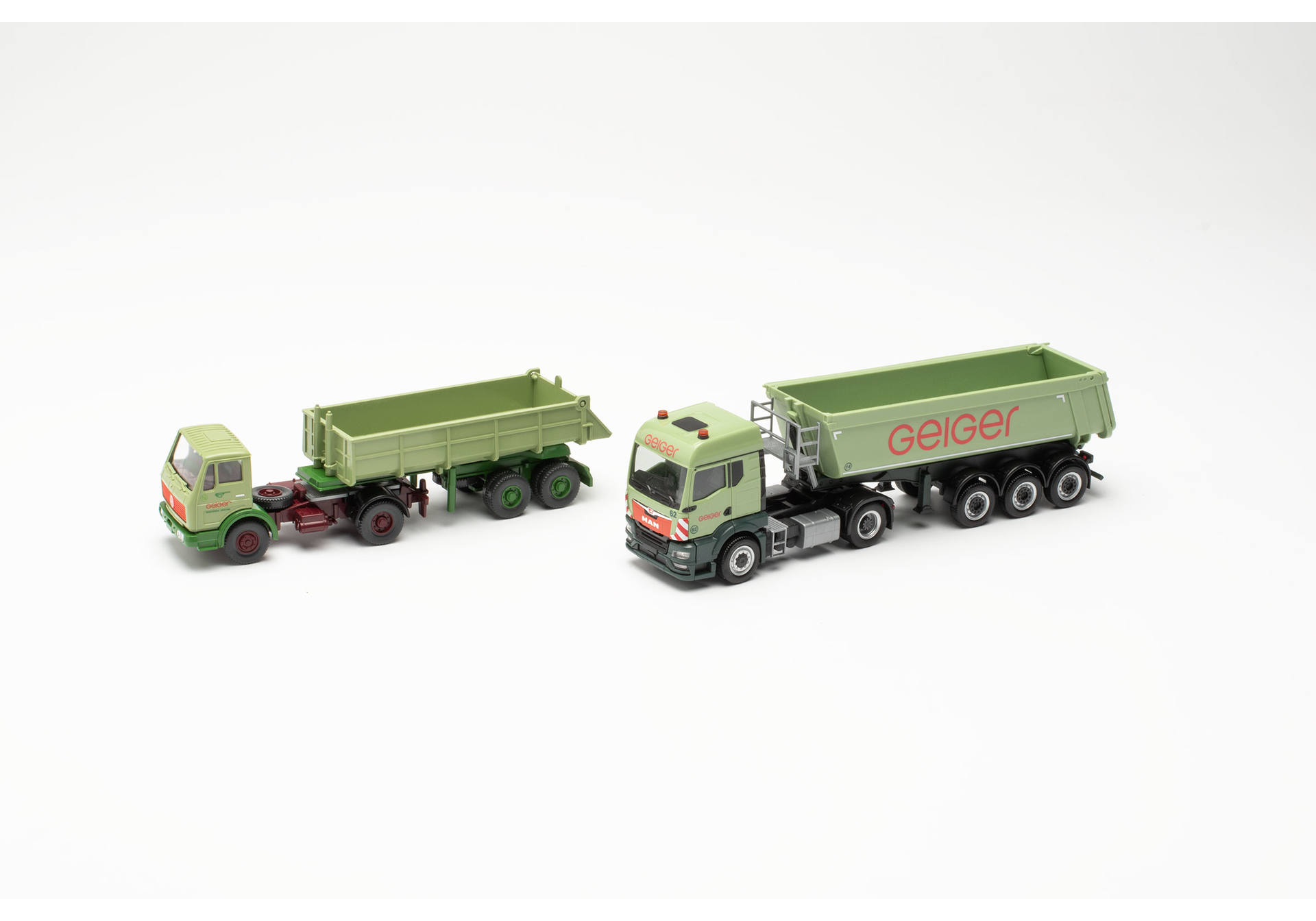 Set: MAN TGS TM and Mercedes-Benz (Wiking) dumper semitrailer truck "100 Jahre Geiger"