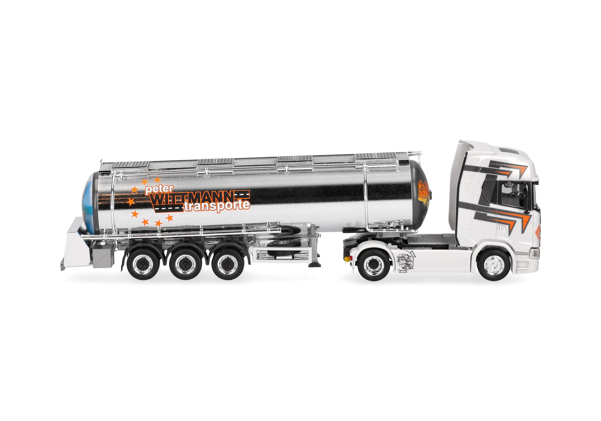 toy truck, tank trailer, chrome finish, orange graphics, semi truck